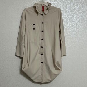 IC by Connie K Button Down Tunic Top Squared Asymmetrical Hem Ruffle Collar Sz S